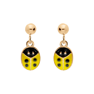 BOUCLES D'OREILLES TIGE PLAQUÉ OR PENDANTE COCCINELLE JAUNE POINT NOIR