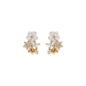 BOUCLES D'OREILLES TIGE PLAQUÉ OR JARDIN FLEURI OXYDES BLANCS ET FLEUR NACRE BLANCHE