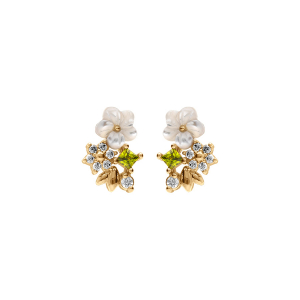 BOUCLES D'OREILLES TIGE PLAQUÉ OR JARDIN FLEURI OXYDES BLANCS ET VERT OLIVE ET FLEUR NACRE BLANCHE
