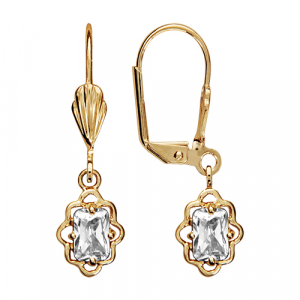 BOUCLES D'OREILLES PLAQUÉ OR SYSTEME DORMEUSE DENTELEE PIERRE RECT BLANCHE SYNTHETIQUE
