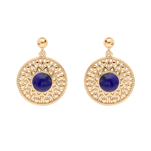 BOUCLES D'OREILLES TIGE PLAQUÉ OR PENDANTE ETHNIQUE CABOCHON LAPIS LAZULI VÉRITABLE