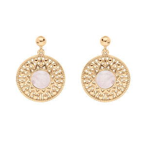 BOUCLES D'OREILLES TIGE PLAQUÉ OR PENDANTE ETHNIQUE CABOCHON QUARTZ ROSE VÉRITABLE