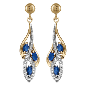 BOUCLES D'OREILLES TIGE PLAQUÉ OR PENDANTE 3 NAVETTES PIERRES BLEU SYNTHETIQUE ET OXYDES BLANCS SERTIS