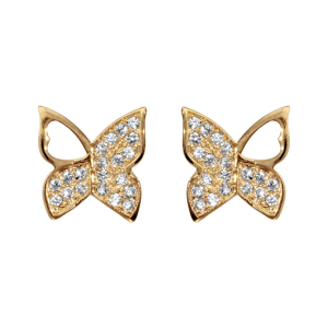 BOUCLES D'OREILLES TIGE PLAQUÉ OR PAPILLON OXYDES BLANCS SERTIS