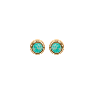 BOUCLES D'OREILLES TIGE PLAQUÉ OR CABOCHON CONTOUR PERLÉ PIERRE AMAZONITE VÉRITABLE