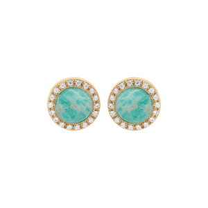 BOUCLES D'OREILLES TIGE PLAQUÉ OR CABOCHON CONTOUR OXYDES BLANCS SERTIS PIERRE AMAZONITE VÉRITABLE