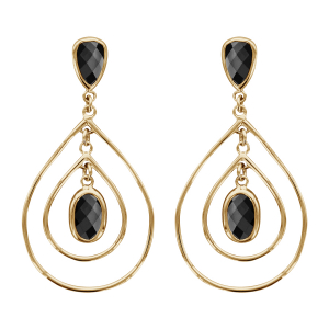 BOUCLES D'OREILLES TIGE  PLAQUÉ OR 2 GOUTTES MOBILES OXYDES NOIRS FACETES