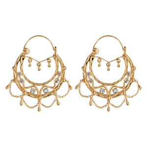 CRÉOLES ETHNIQUES PLAQUÉ OR CRISTAL BLANC AVEC CHAINETTE DIAM 33MM