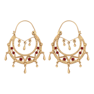 CREOLES ETHNIQUES PLAQUÉ OR CRISTAL ROUGE AVEC CHAINETTE DIAM 23MM