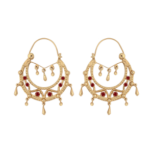 CRÉOLES ETHNIQUES PLAQUÉ OR CRISTAL ROUGE AVEC CHAINETTE DIAM 23MM