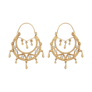 CRÉOLES ETHNIQUES PLAQUÉ OR CRISTAL BLANCS AVEC CHAINETTE DIAM 23MM