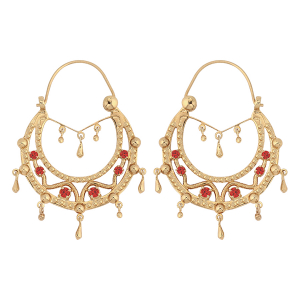 CRÉOLES ETHNIQUES PLAQUÉ OR CRISTAL ROUGE AVEC CHAINETTE DIAM 33MM