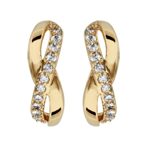 BOUCLES D'OREILLES TIGE PLAQUÉ OR DEMI CRÉOLES CROISE OXYDES BLANCS SERTIS