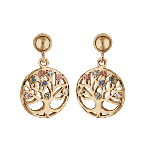 BOUCLES D'OREILLES TIGE PLAQUÉ OR RONDELLE ARBRE DE VIE PIERRES SYNTHETIQUE MULTI COULEURS