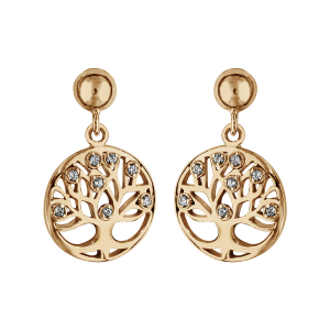 BOUCLES D'OREILLES TIGE PLAQUÉ OR RONDELLE ARBRE DE VIE PIERRES SYNTHETIQUE BLANCHES