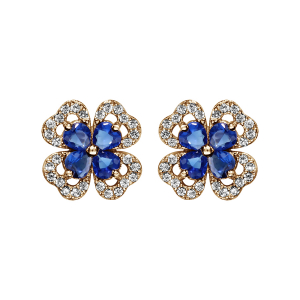 BOUCLES D'OREILLES TIGE PLAQUÉ OR TREFLE PIERRES SYNTHETIQUE BLEUES ENTOURAGE OXYDES BLANCS SERTIS
