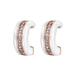 BOUCLES D'OREILLES TIGE PLAQUÉ OR ROSE DEMI CREOLE CERAMIQUE BLANCHE ET RAIL OXYDES BLANCS MICRO SERTIS
