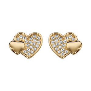 BOUCLES D'OREILLES TIGE PLAQUÉ OR DOUBLE COEUR PAVE OXYDES BLANCS ET LISSE