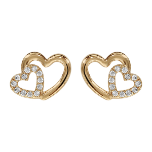 BOUCLES D'OREILLES TIGE PLAQUÉ OR DOUBLE COEUR CROISE OXYDES BLANCS