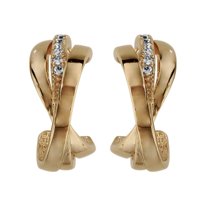BOUCLES D'OREILLES TIGE PLAQUÉ OR DEMI CREOLE CROISEE OXYDES BLANCS