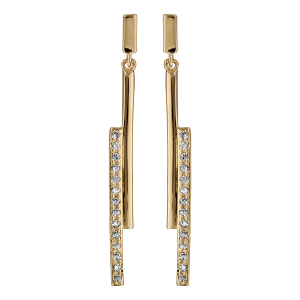 BOUCLES D'OREILLES TIGE PLAQUÉ OR PENDANTE BATONS OXYDES BLANCS SERTIS