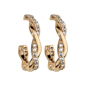 BOUCLES D'OREILLES DEMI CRÉOLES PLAQUÉ OR TRESSE OXYDES BLANCS SERTIS