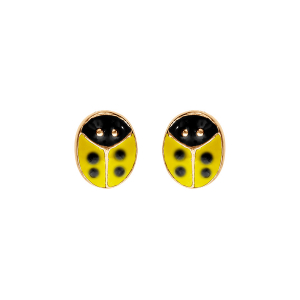 BOUCLES D'OREILLES TIGE PLAQUÉ OR PUCE COCCINELLE RÉSINE JAUNE ET POINT NOIR