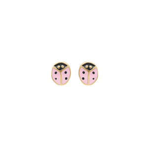 BOUCLES D'OREILLES TIGE PLAQUÉ OR PUCE COCCINELLE RÉSINE ROSE