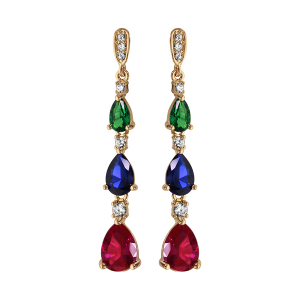 BOUCLES D'OREILLES TIGE PLAQUÉ OR PENDANTE 3 PIERRES MULTICOLORES ET 3 OXYDES BLANCS SERTIS