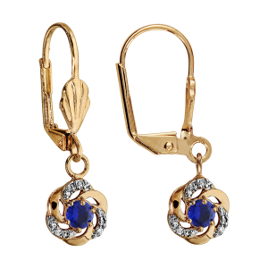BOUCLES D'OREILLES PLAQUÉ OR DORMEUSE FLEUR BLEU FONCE