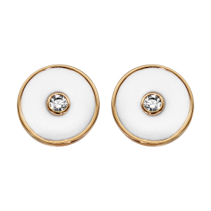 BOUCLES D'OREILLES TIGE PLAQUÉ OR RONDE EMAIL BLANC ET 1 OXYDE BLANC SERTI CLOS