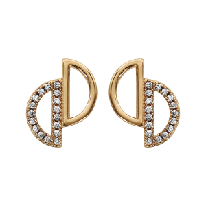 BOUCLES D'OREILLES TIGE PLAQUÉ OR 2 DEMI CERCLES EVIDES OXYDES BLANCS SERTIS