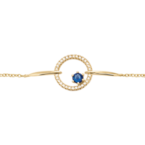 BRACELET PLAQUÉ OR FORME RONDE 1 VERRE BLEU FONCÉ CONTOUR OXYDES BLANCS SERTIS 16+2CM