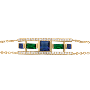 BRACELET PLAQUÉ OR GEOMETRIQUE VERRE BLEU FONCÉ ET VERT CONTOUR OXYDES BLANCS SERTIS 16+3CM