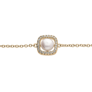 BRACELET PLAQUÉ OR CARRÉ OXYDES BLANCS AVEC PERLE DE CULTURE D'EAU DOUCE BLANCHE 16+3CM