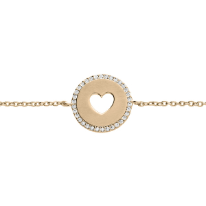 BRACELET PLAQUÉ OR ROND MOTIF COEUR AJOUREE CONTOUR OXYDES BLANCS 16+2CM