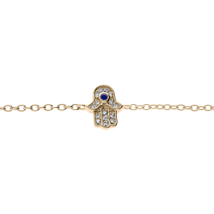 BRACELET PLAQUÉ OR MAIN DE FATMA OXYDES BLANCS ET BLEU SERTIS 16+3CM
