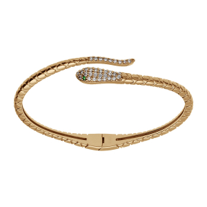 BRACELET PLAQUÉ OR SERPENT ARTICULÉ OXYDES BLANCS ET YEUX OXYDES VERTS 60MM