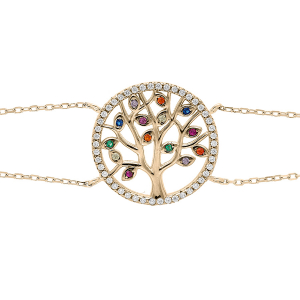 BRACELET PLAQUÉ OR ARBRE DE VIE OXYDES MULTI COULEURS SERTIS 16+3CM