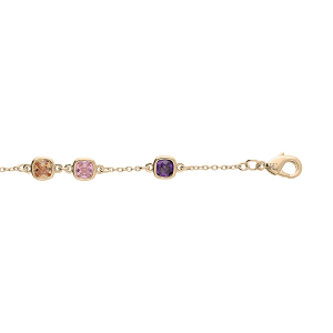 BRACELET PLAQUÉ OR PIERRES SYNTHETIQUE CARRÉES VIOLETTE, ROSE ET ORANGE 16+3CM