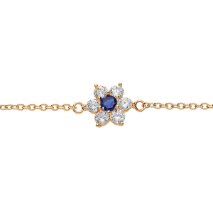 BRACELET PLAQUÉ OR FLEUR MARGUERITE OXYDES CENTRE BLEU FONCÉ ET CONTOUR BLANCS SERTIS  16.5+2CM