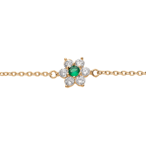 BRACELET PLAQUÉ OR PENDENTIF FLEUR MARGUERITE OXYDES CENTRE VERT FONCÉ ET CONTOUR BLANCS SERTIS  16+2.5CM