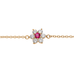 BRACELET PLAQUÉ OR PENDENTIF FLEUR MARGUERITE OXYDES CENTRE ROUGE FONCÉ ET CONTOUR BLANCS SERTIS  16.5+2CM