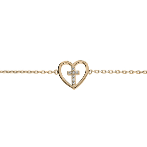 BRACELET PLAQUÉ OR COEUR AVEC CROIX OXYDES BLANCS SERTIS 18CM REGLABLE 16