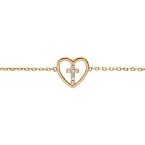 BRACELET PLAQUÉ OR COEUR AVEC CROIX OXYDES BLANCS SERTIS 18CM REGLABLE 16