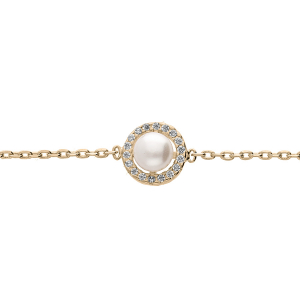 BRACELET PLAQUÉ OR RONDELLE OXYDES BLANCS SERTIS ET PERLE DE CULTURE D'EAU DOUCE 18CM RÉGLABLE 16