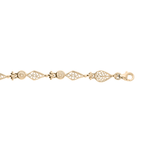 BRACELET PLAQUÉ OR OXYDES BLANCS SERTIS ET MOTIFS NAVETTES FILIGRANES 16+3CM