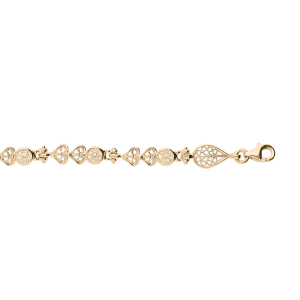 BRACELET PLAQUÉ OR OXYDES BLANCS SERTIS ET MOTIFS COEURS FILIGRANES 16+3CM