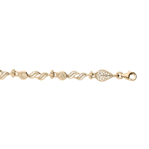 BRACELET PLAQUÉ OR OXYDES BLANCS SERTIS ET MOTIFS VOLUTES FILIGRANES 16+3CM