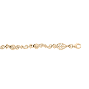 BRACELET PLAQUÉ OR VIRGULES OXYDES BLANCS SERTIS ET MOTIFS FILIGRANES 16+3CM